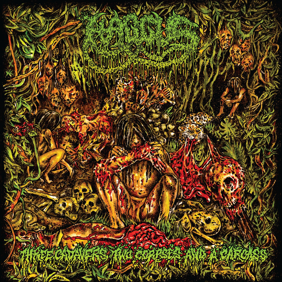 Dark, detailed album cover with figures amidst gore and skulls.