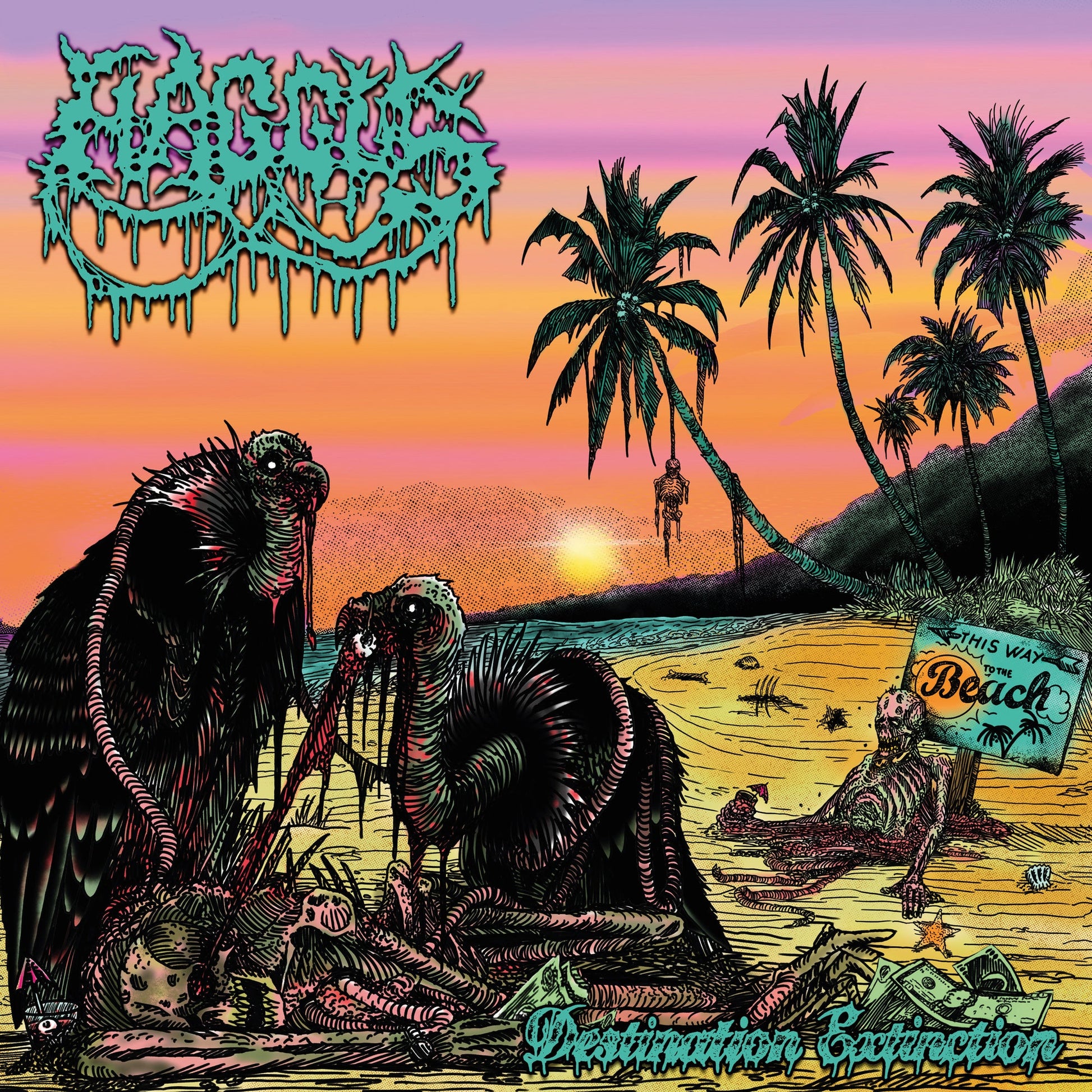 CD cover: colorful beach scene with monstrous creatures and dripping text.