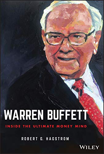 Painted portrait of Warren Buffett, book cover with title and author name.