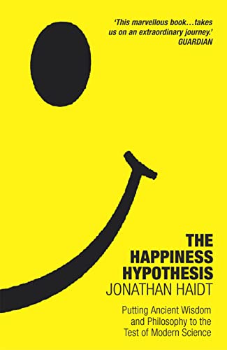 Yellow book cover with black curved line and text: "The Happiness Hypothesis".