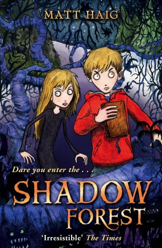 Book cover with cartoon boy and girl in a dark, eerie forest scene.