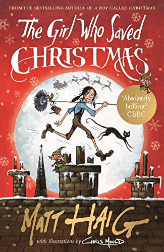 Book cover: girl running with reindeer, moon, and chimney scene.