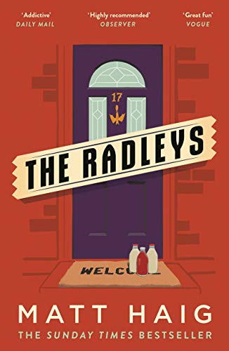 Book cover: red background, purple door with number 17, milk bottles.