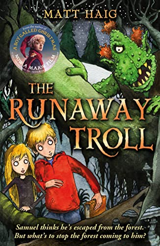 Book cover: children with a large green troll in a dark forest.