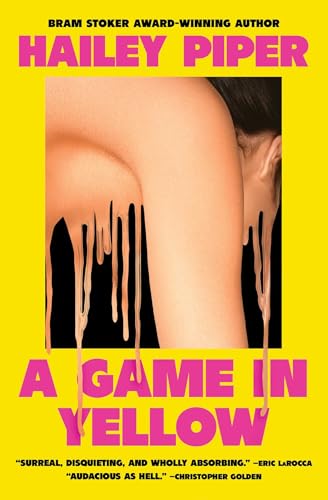 Book cover: yellow background, woman’s back with dripping pink substance.