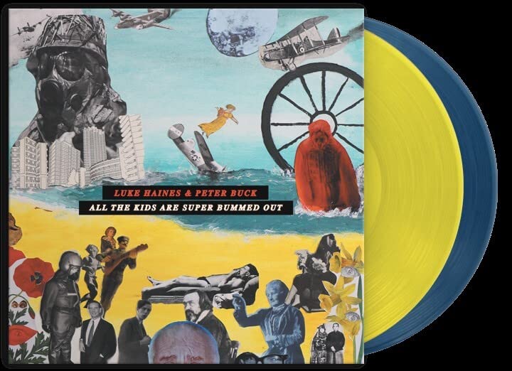 Album cover for Luke Haines & Peter Buck’s “All The Kids Are Super Bummed Out” with yellow vinyl.