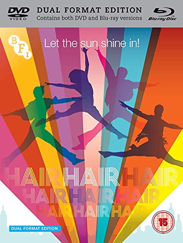 Hair" Blu-ray cover with silhouetted figures jumping against a colorful, striped background.