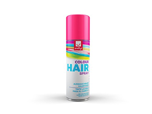 A can of pink hair colour spray with a white and colourful label.