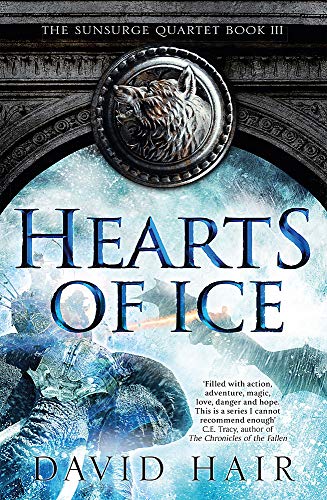 Book cover: "Hearts of Ice" with a wolf emblem and icy blue tones.