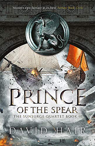 Book cover: “Prince of the Spear” with a griffin emblem and naval battle scene.