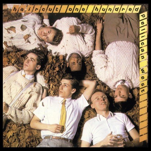 "CD album cover with six men lying in leaves, wearing white and yellow."