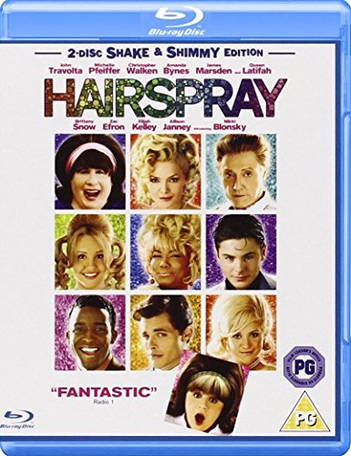 Blu-ray cover for "Hairspray" featuring a grid of 10 actor headshots on a white background.