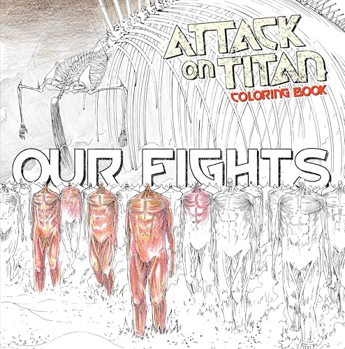 Attack on Titan coloring book cover featuring line art of titans and a skeleton.
