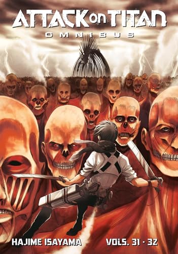 A soldier with swords faces a crowd of giant titans on a manga cover.