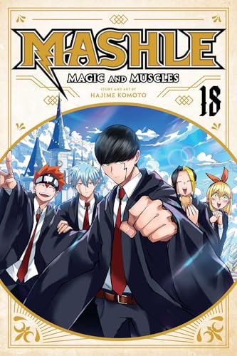 Manga cover featuring Mash Burnedead and friends in school uniforms with a castle background.
