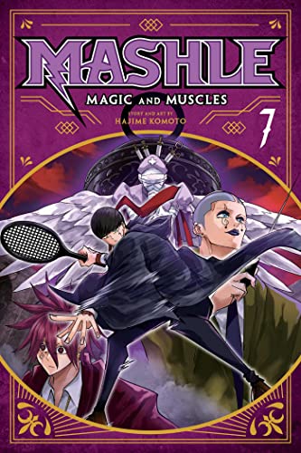 Manga cover of Mashle volume 7 featuring characters in action poses against purple background.