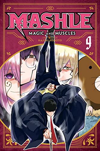 Manga cover for Mashle Vol. 9 featuring characters in a circular frame on maroon background.