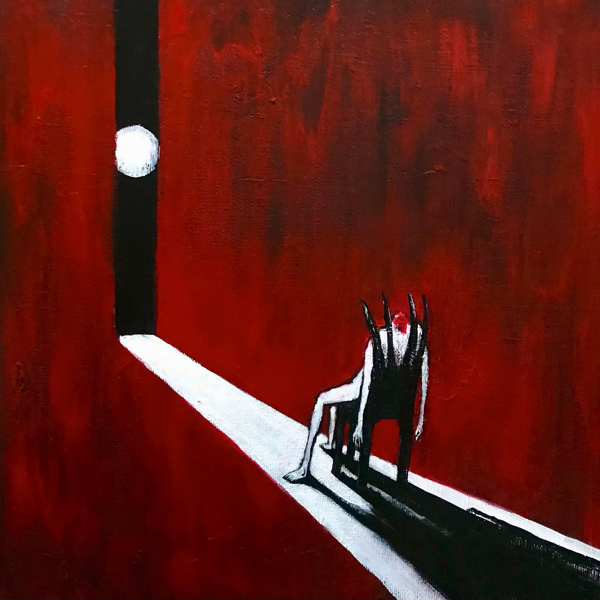 Abstract painting of a dark figure in a red and white space.