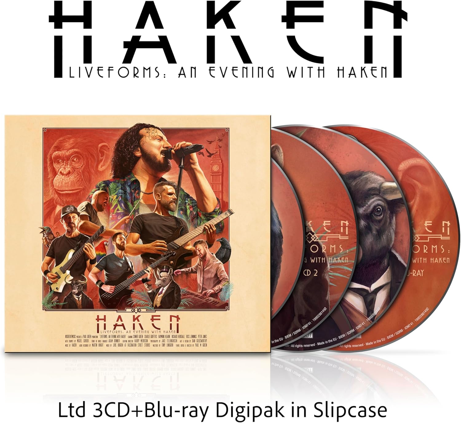 Haken "Liveforms" CD packaging with band photo and disc images.