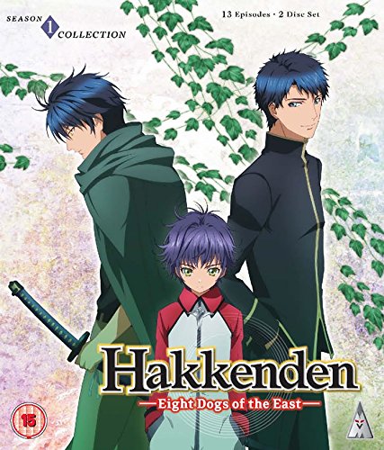 Blu-ray cover for anime "Hakkenden: 8 Dogs Of The East" featuring three characters.