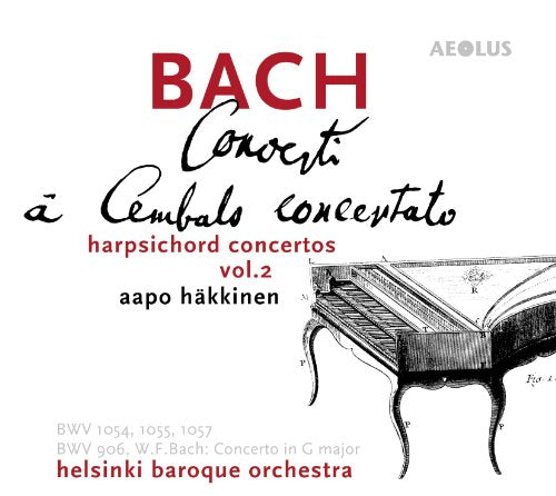 CD cover with harpsichord illustration and "Bach Concerti" in red and black text.