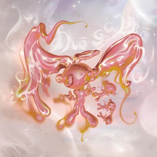 A pink, liquid-like figure with wings and a halo floats against a cloudy background.