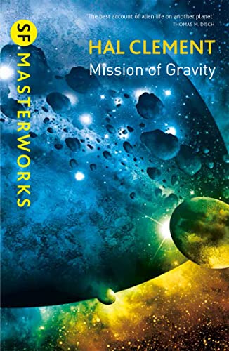 Book cover for Mission of Gravity featuring a blue planet and asteroids in space.