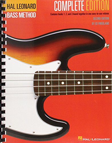 Spiral-bound Hal Leonard Bass Method Complete Edition book cover with a sunburst bass guitar.