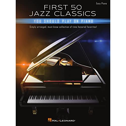 Sheet music book, “First 50 Jazz Classics,” with a grand piano image.
