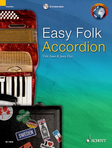 Red accordion with sheet music and travel stickers, plus a CD icon.