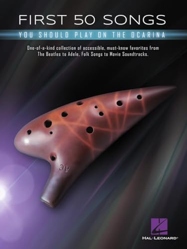 Book cover featuring a brown ocarina with sheet music title "First 50 Songs.