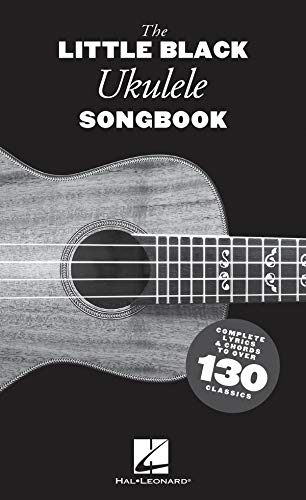Black ukulele songbook cover with a grayscale ukulele image and white text.