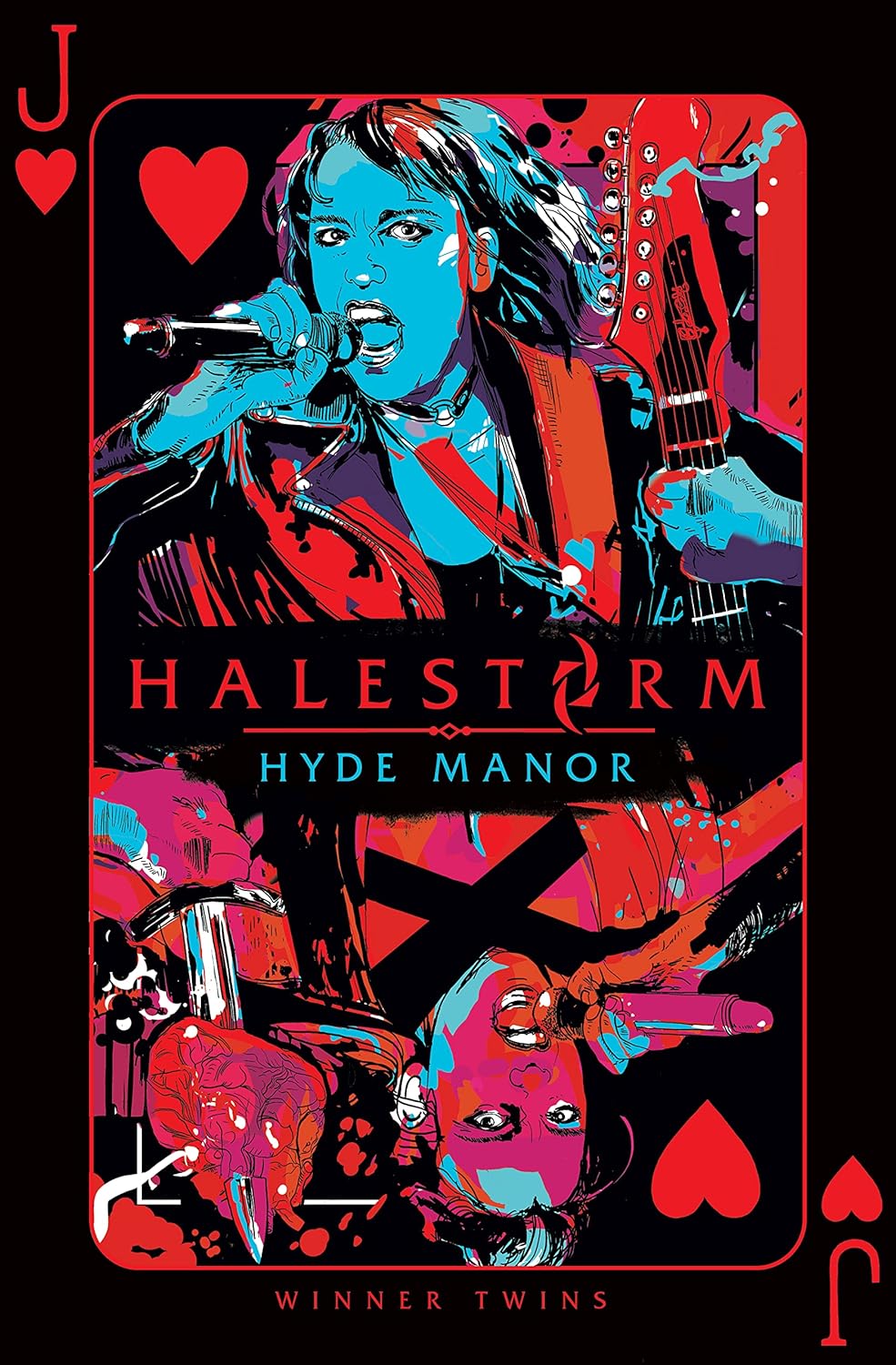 Halestorm album cover: singer with guitar, card suit design, red and blue.