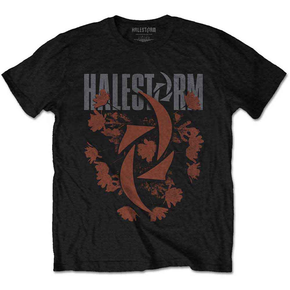 Black t-shirt with colorful floral “Bouquet” design, Halestorm band logo.