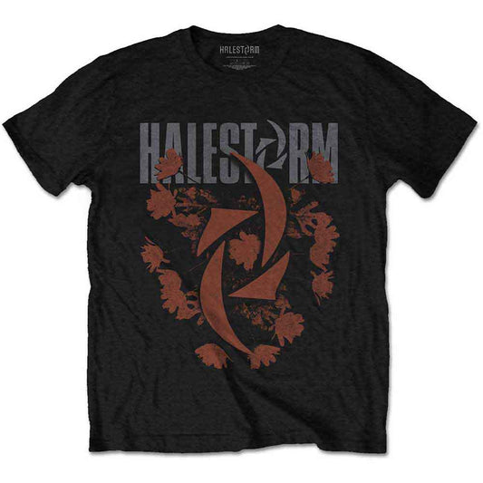 Black t-shirt with colorful floral “Bouquet” design, Halestorm band logo.