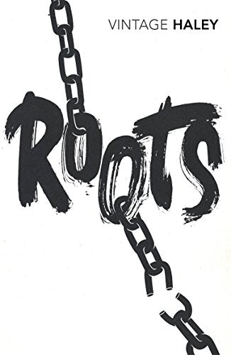 "Book cover with 'Roots' in black brushstroke font, chained letters, on white background."