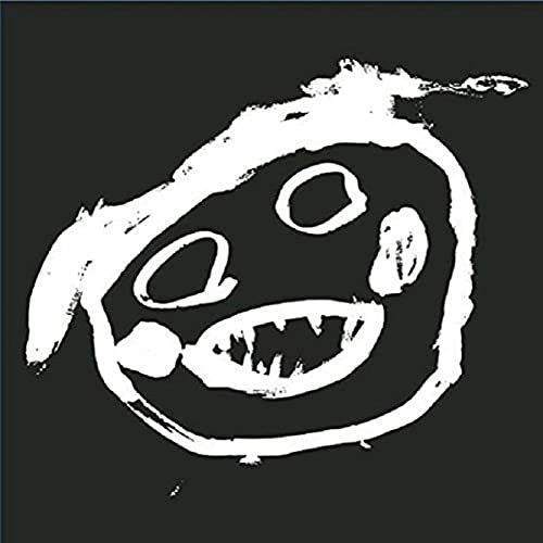 Black background with a white, roughly drawn face with an open mouth.