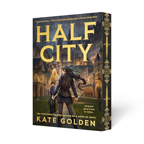 Book cover: "Half City" with a woman holding a sword in front of a building.