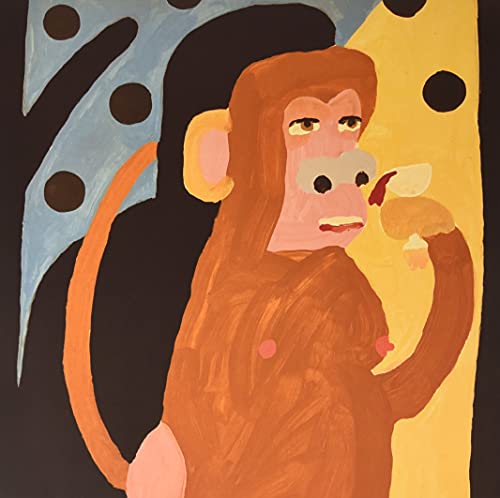 Painted monkey with a human-like face drinking from a mug, colorful background.