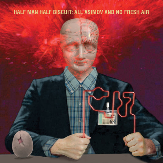 A phrenology-mapped head on a person in a suit holding a neon wire sculpture.