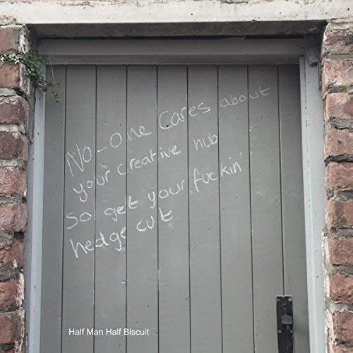CD cover: grey door with handwritten white text and brick border.