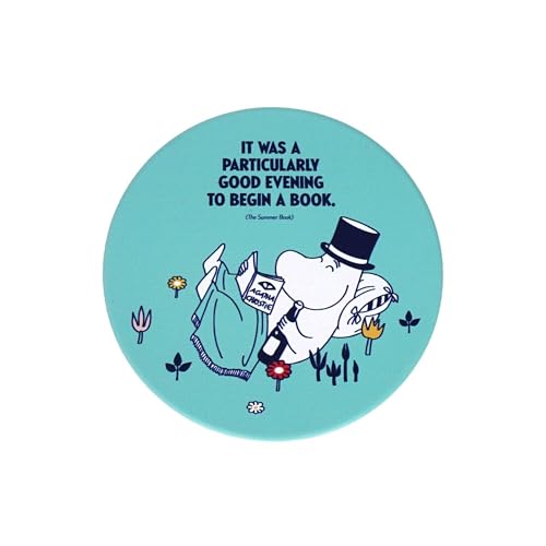 Round blue coaster featuring Moominpappa reading a book with a quote above him.
