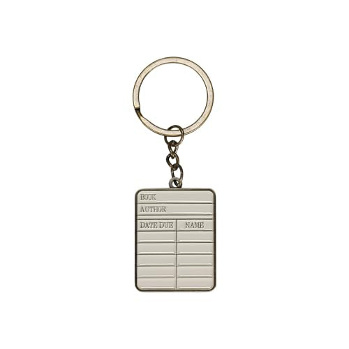 Silver metal keyring shaped like a vintage library card.