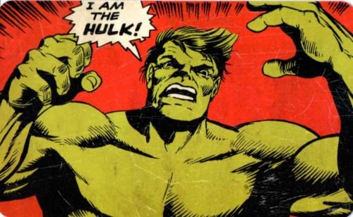 Pin badge depicting a vintage, comic-book style Hulk illustration.