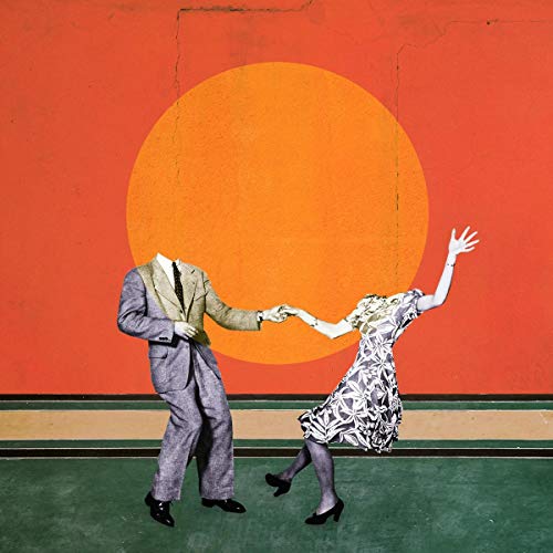 Headless figures in vintage clothing dance before an orange sun.
