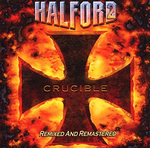 Album cover for Halford's Crucible featuring a fiery iron cross on a textured background.