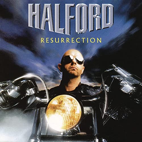 Halford's "Resurrection" vinyl album cover featuring a motorcyclist in sunglasses.