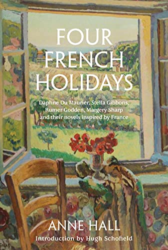 Book cover: "Four French Holidays" with a window view and flowers.