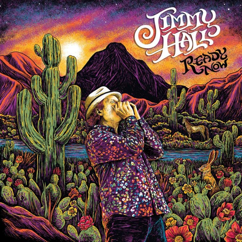 Album cover for Jimmy Halls’ “Ready Now” featuring desert landscape and musician.
