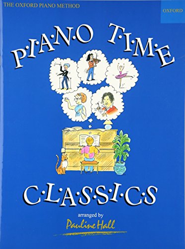Blue piano method book cover with illustrated scenes of musical performance.